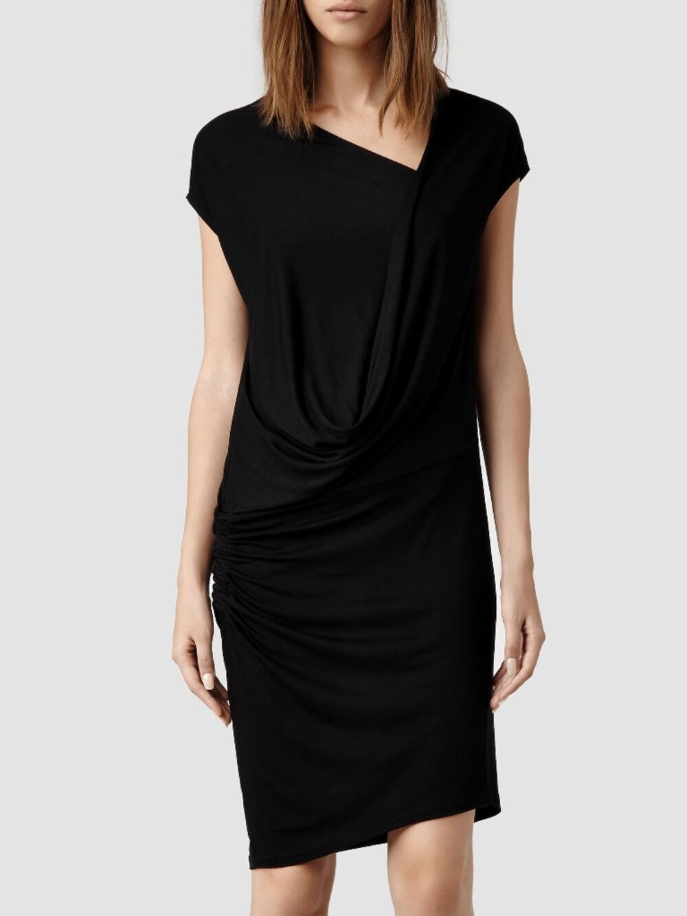 AllSaints Black Isa Ci Draped Sleeveless Stretchy Jersey Sheath Dress Size 6 US